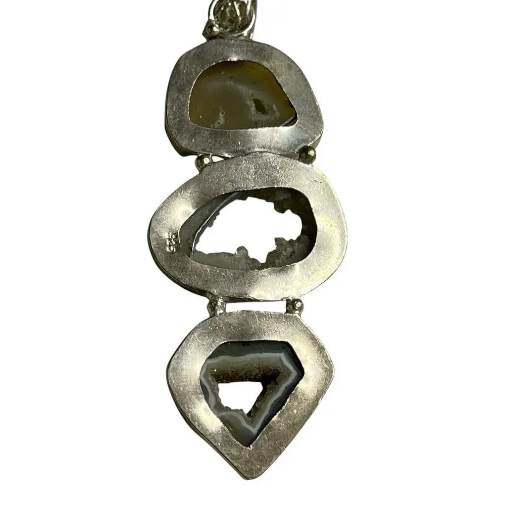 Natural Geode Agate Trio Pendant Sterling Silver 925 Earth Tone Green Gray Brown